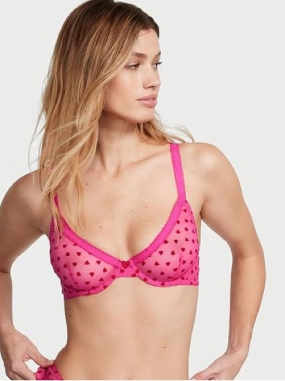 Victoria's Secret Bra Pink Mesh Hearts Tempt Unlined Demi 34DDD